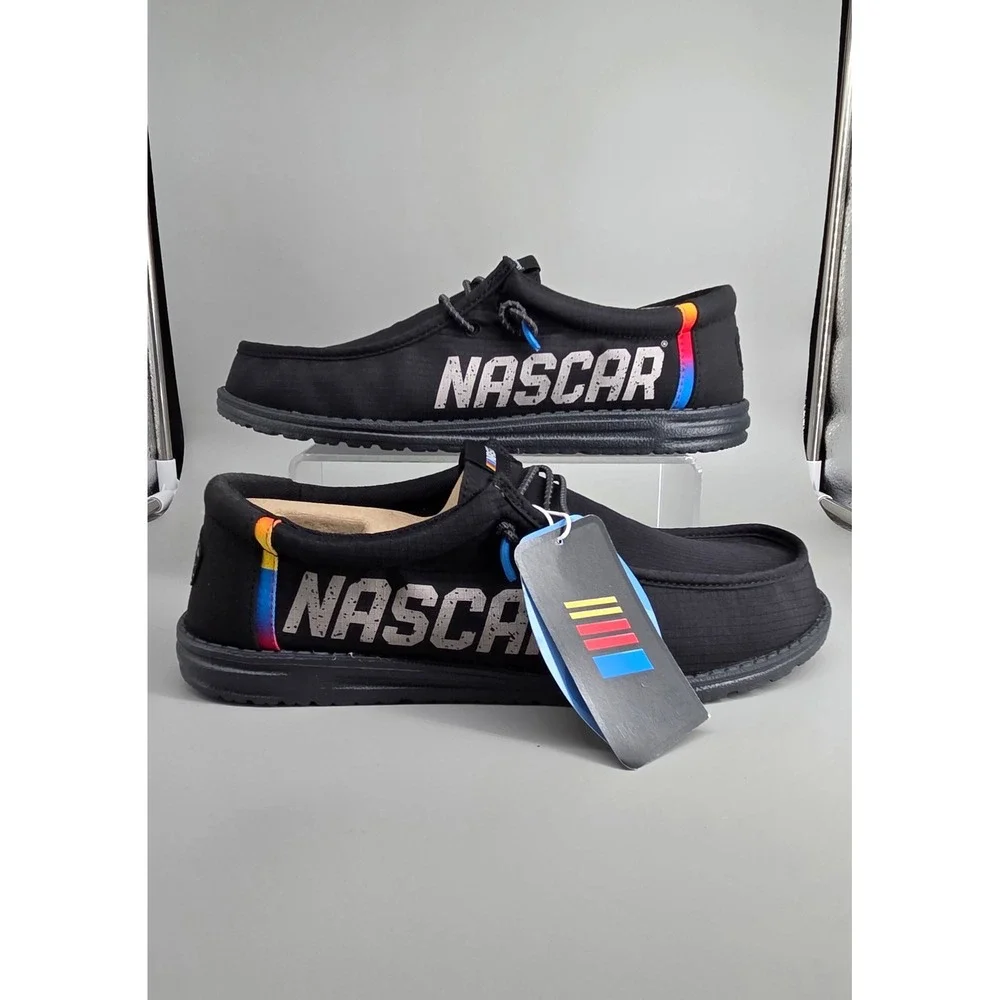 Hey Dude Wally NASCAR Shoes Mens Size 12 Black Ripstop Slip On‎ Loafers NWT